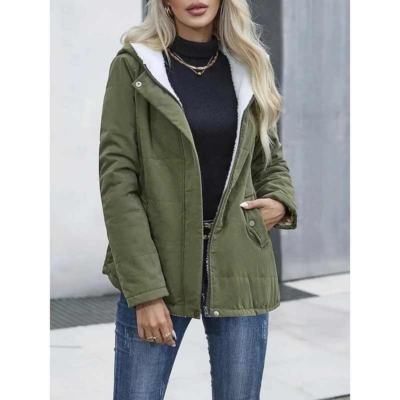 Women's Winter Coat Fleece Jacket Comfortable Breathable Pocket Casual Plain Vacation Street Casual Daily Wear Zipper Regular Hooded Regular Fit Long Sleeve Outerwear Black Blue Khaki Spring Fall4