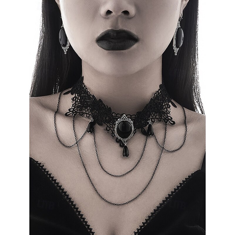 Women's Halloween Gothic Lace Choker Necklace and Earrings Set – Vintage Black Jewelry with Chains for Costume Party and Cosplay3