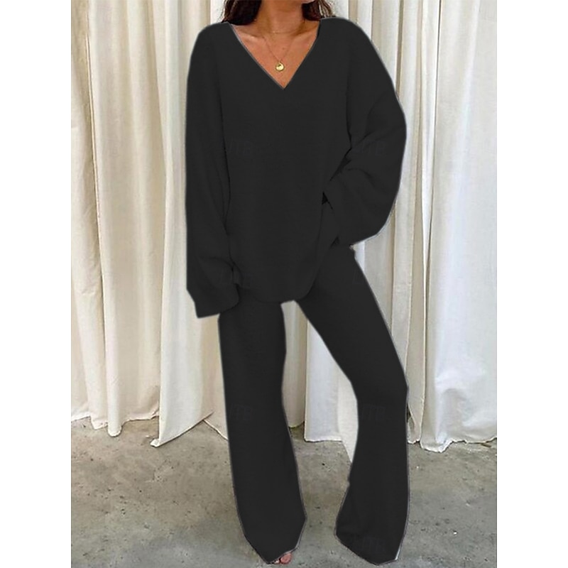 Women's Fashion Streetwear Pants Sets Bolero Top Long Sleeve V Neck Solid Color Outdoor Work Casual Black White Pink Fall Regular Fit4