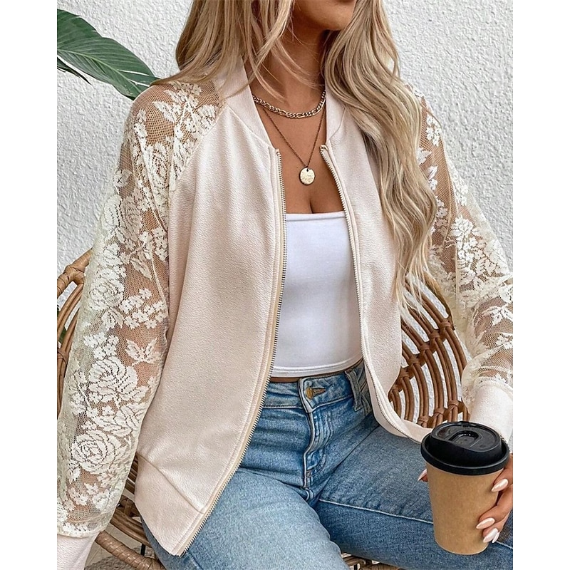 Women's Jacket Casual Jacket Comfortable Breathable Lace Zipper Pocket Fashion Modern Casual Floral Going out Weekend Zipper Regular Stand Collar Regular Fit Long Sleeve Outerwear Black White Spring3