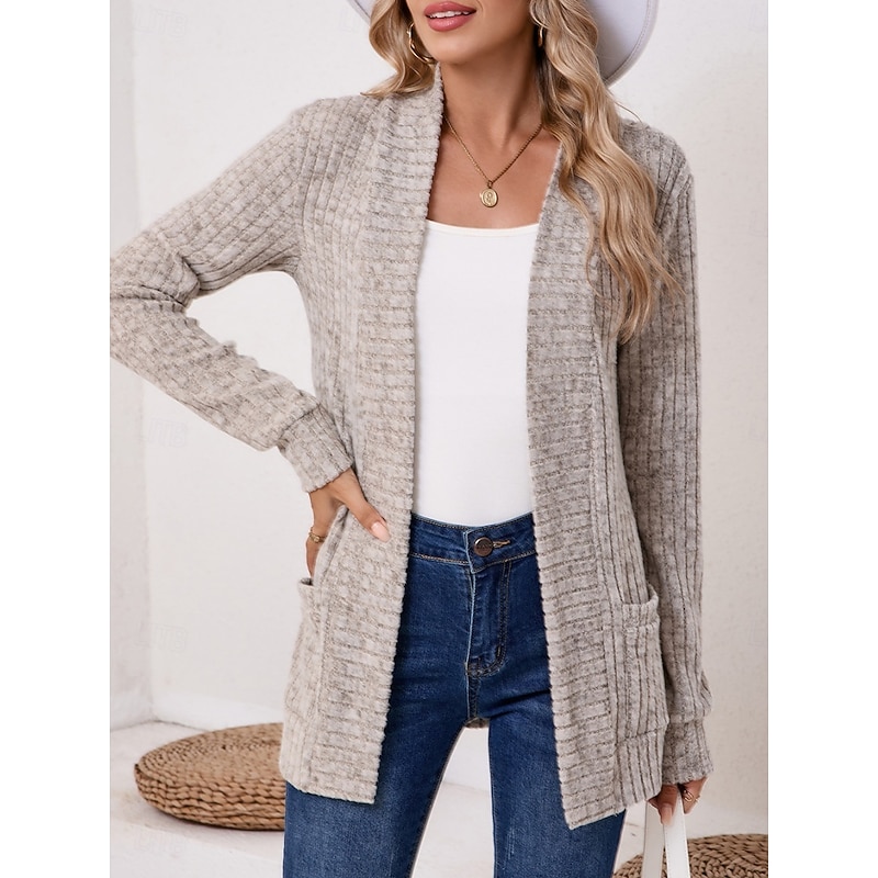 Women's Sweater Cardigan Elegant Fashion Streetwear Pure Color Open Front Pocket Knitted Long Sleeve Regular Tops Knit Outdoor Daily Weekend Black Wine Fall Winter2