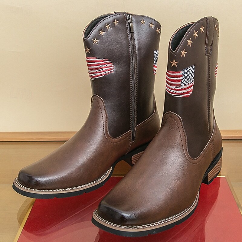 Men's Western Cowboy Boots with American Flag Embroidery, Square Toe Design, Durable Outsole, Patriotic Rodeo Style Footwear for Ranch, Country Music Festivals, Horse Riding and Outdoor Wear