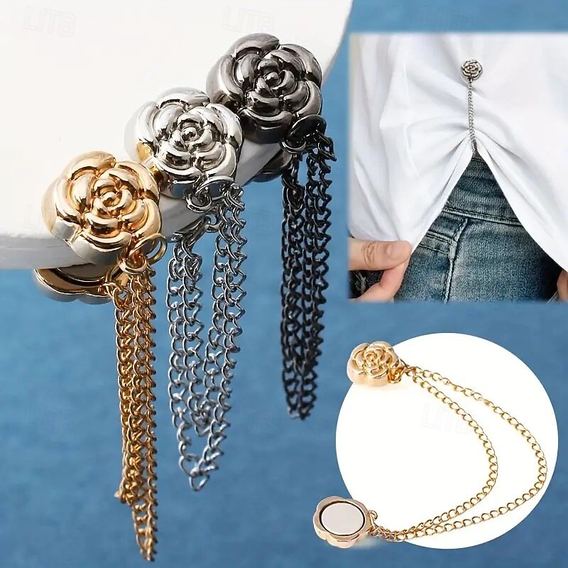 3PCS Camellia Adjustable Button Clips for T-Shirt Sleeve and Hem, Shorten Sleeves and Secure Long Hems, Versatile Clothing Fasteners for Shirts and Tops