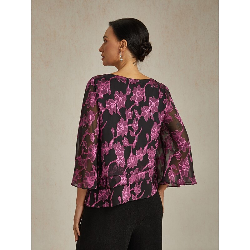 Women's Blouse Chiffon Tops Floral Elegant Stylish Casual Crew Neck Regular Tops Wedding Guest Date Night Outfits Cocktail Attire Lace Rose Pink Spring Fall Winter2