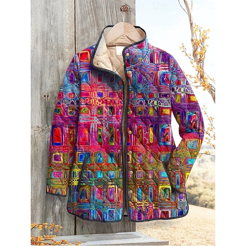 Women's Winter Jacket Puffer Jacket Warm Comfortable Pocket Buttons Print Fashion Daily Outdoor Plaid Vacation Casual Daily Single Breasted Regular Stand Collar Regular Fit Long Sleeve Outerwear