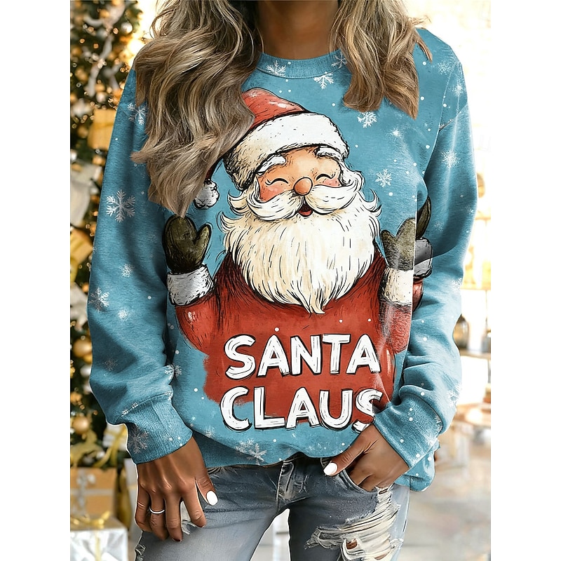 Women's Pullover Graphic Santa Claus Warm Classic Casual Long Sleeve Crew Neck Round Neck Regular Tops Home Street Dailywear Print Pink Red Blue Fall Winter3