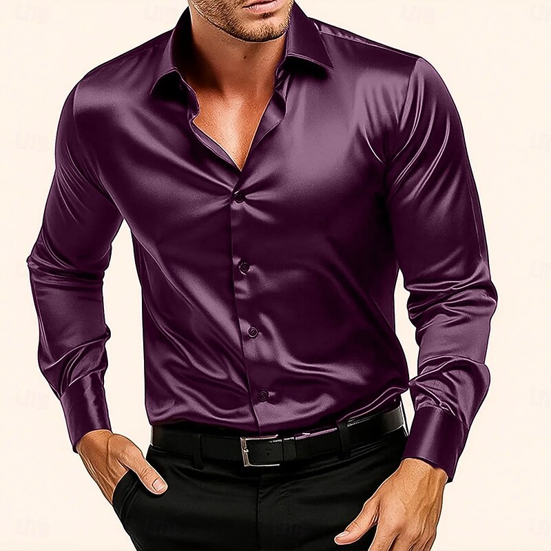 Men's Shirt Satin Shirt Casual Shirt Button Up Shirt Plain Formal Wedding Dark Purple Long Sleeve Lapel Spring &  Fall All Seasons Clothing Apparel