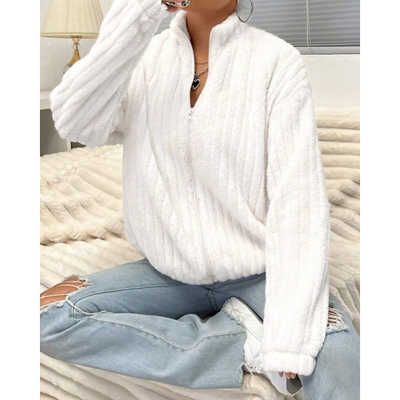 Women's Sweater Cardigan Streetwear Casual Solid Color Stand Collar Zipper Knitted Long Sleeve Regular Tops Knit Outdoor Holiday Weekend White Fall Winter3