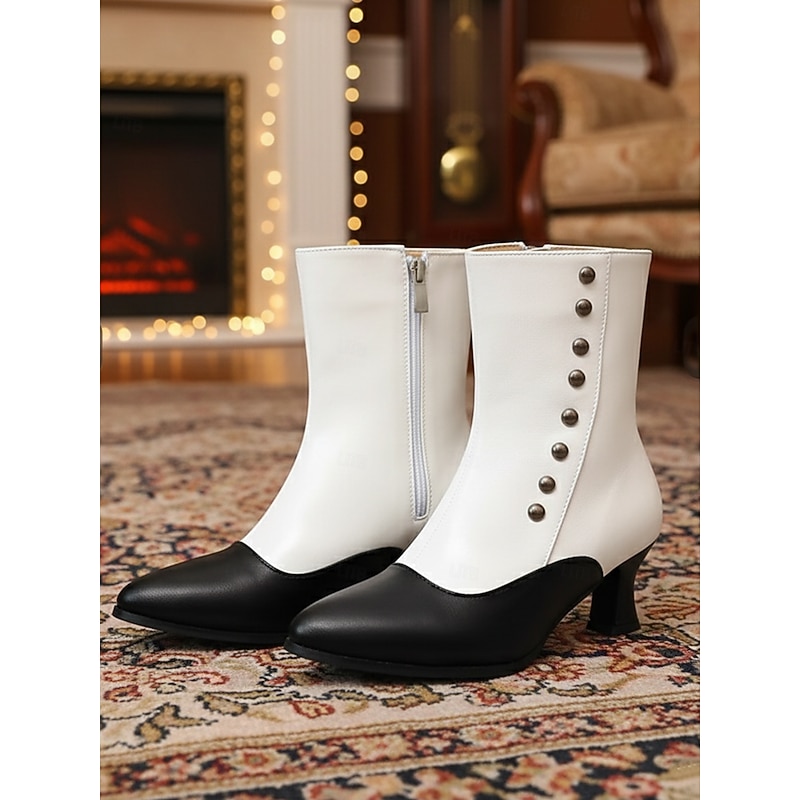 Women's Edwardian Black and White Button Boots – 1910s Vintage Mid-Heel Ankle Booties for Victorian Reenactment and Theater