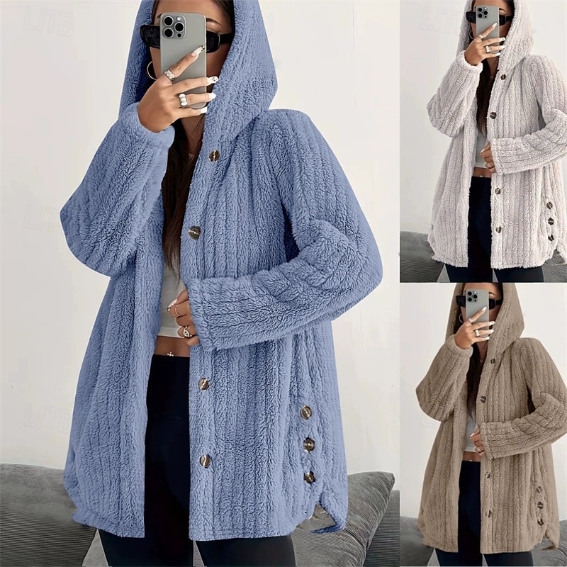 Women's Casual Jacket Waterproof Comfortable Pocket Buttons Casual Plain Vacation Street Casual Daily Wear Single Breasted Regular Long Hooded Regular Fit Long Sleeve Outerwear White Wine Royal Blue