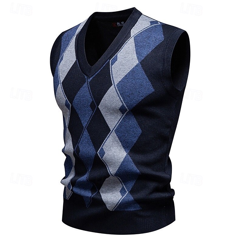 Men's Sweater Sweater Vest Pullover Sweater Jumper Ribbed Knit Regular Tops Knitted Slim Fit Argyle V Neck Knitwear Contemporary Casual Daily Wear Clothing Apparel Winter Spring &  Fall Navy Blue Blue4