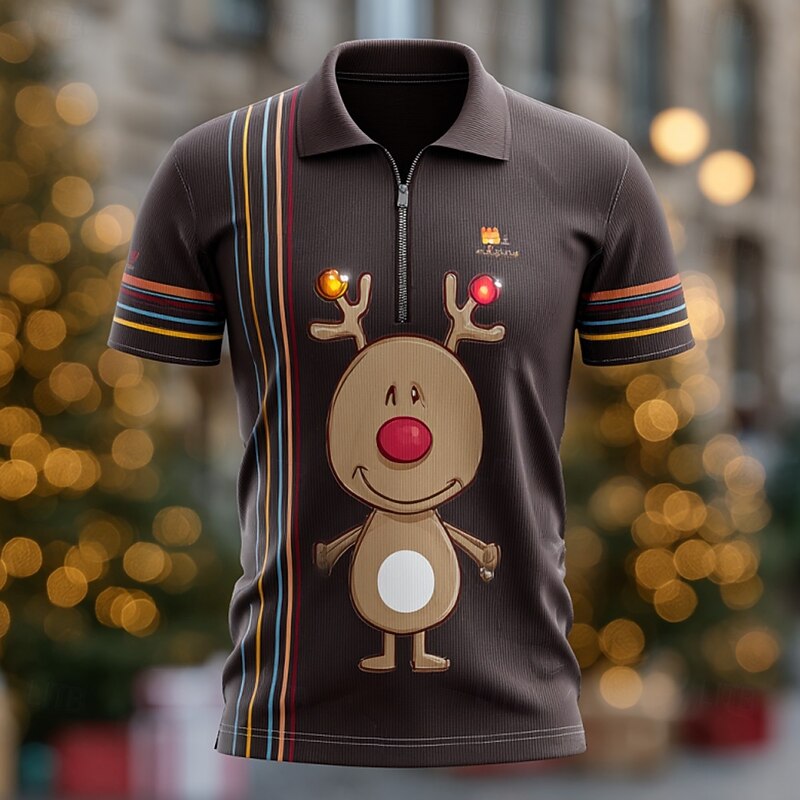 Christmas Men's Cartoon Reindeer Zip Polo Short Sleeve Turndown Casual Vacation Daily Festival 3D Print Summer Brown 1 Black Brown 22