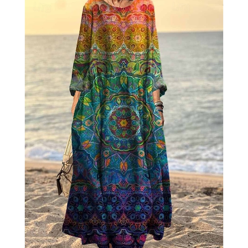 Women's Long Dress Maxi Dress Casual Dress Print Dress Elegant Fashion Modern Outdoor Daily Going out Regular Fit Graphic Long Sleeve Crew Neck Red Blue Orange Brown Spring Autumn2