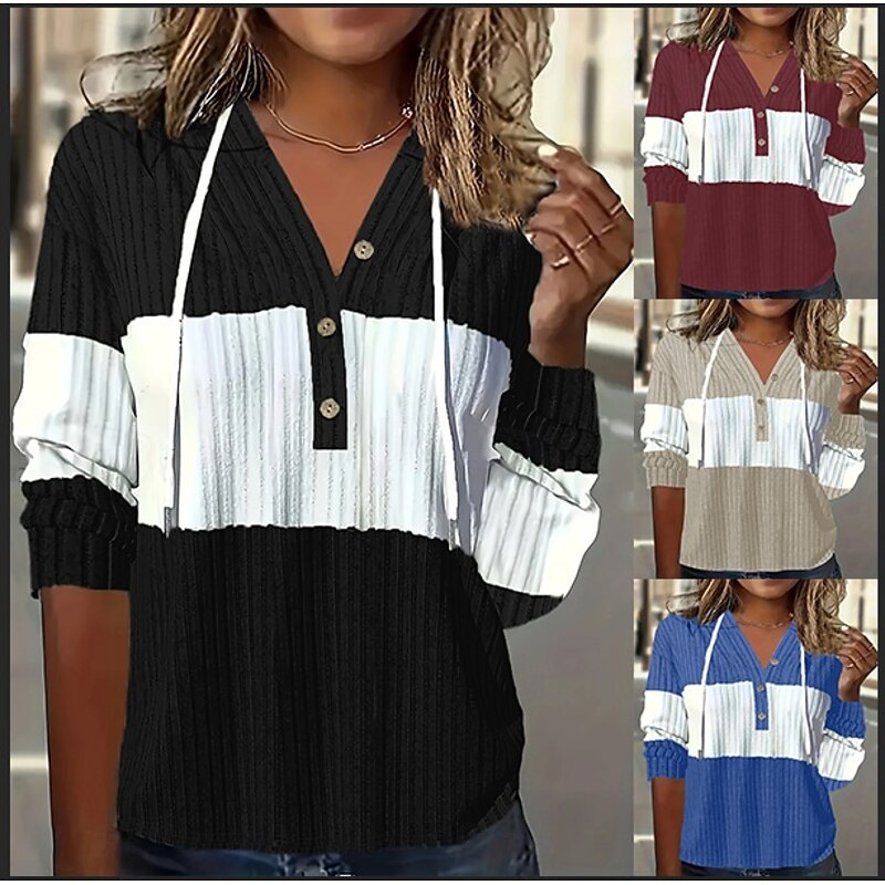 Women's Pullover Hoodie Sweatshirt Striped Elegant Casual Long Sleeve Hooded Regular Tops Holiday Buttons Black Red Blue Khaki Summer Fall3