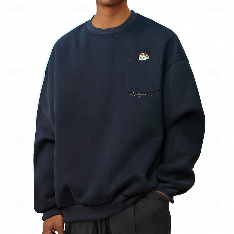 Men's Sweatshirt White Navy Blue Crew Neck Plain Pocket Embroidery Sports & Outdoor Daily Holiday Polyester Streetwear Basic Casual Spring Fall Clothing Apparel Hoodies Sweatshirts