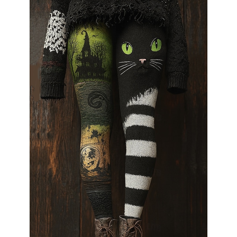Women's Leggings Vacation Vintage Ethnic Style Full Length High WaistPantsHalloween Graphic Animal Cat 3D Print Asymmetric Quick Dry Breathability Soft Stretchy Formal Outdoor Vacation Purple Green