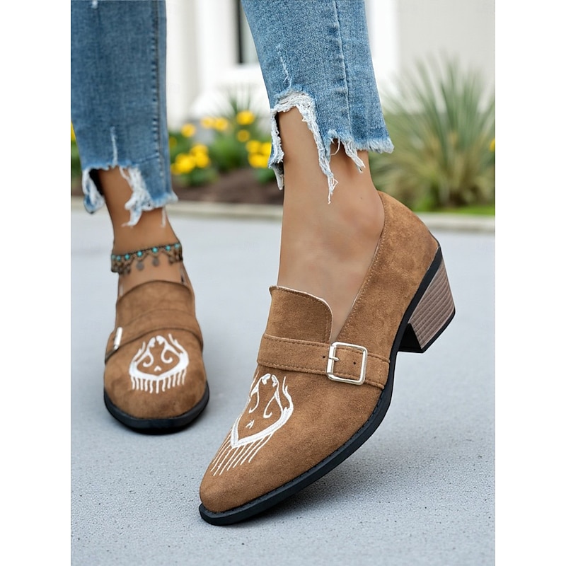 Women's Brown Embroidered Chunky Heel Shoes with Buckle Strap – Western Style Shoes for Casual Outfits and Festivals2