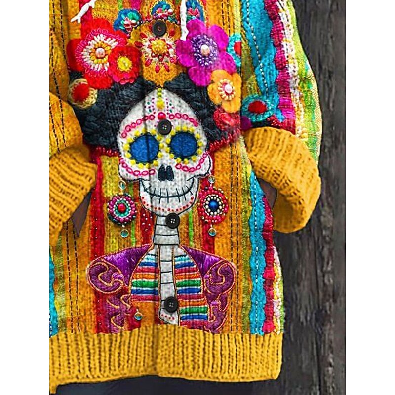 Halloween Women's Cardigan Daily Casual Floral Graphic Ribbed Hooded Pocket Buttons Print Long Sleeve Regular Tops Knit Outdoor Weekend Yellow Fall Winter3