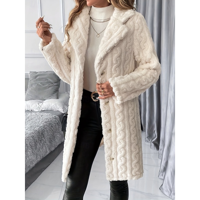 Women's Winter Coat Sherpa Jacket Comfortable Breathable Buttons Elegant Casual Plain Vacation Street Casual Daily Wear Single Breasted Long Turndown Regular Fit Long Sleeve Outerwear Beige Spring