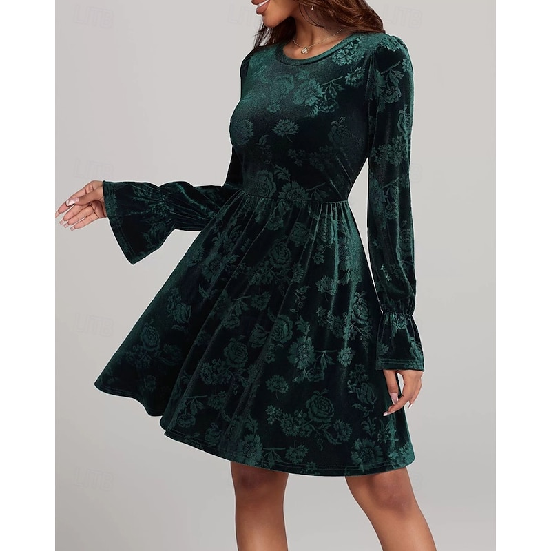 Women's Midi Dress Velvet Dress Cocktail Dress Elegant Fashion Modern Outdoor Party Party Evening Wear Regular Fit Floral Plain Long Sleeve Crew Neck Dark Green Spring Winter Autumn3