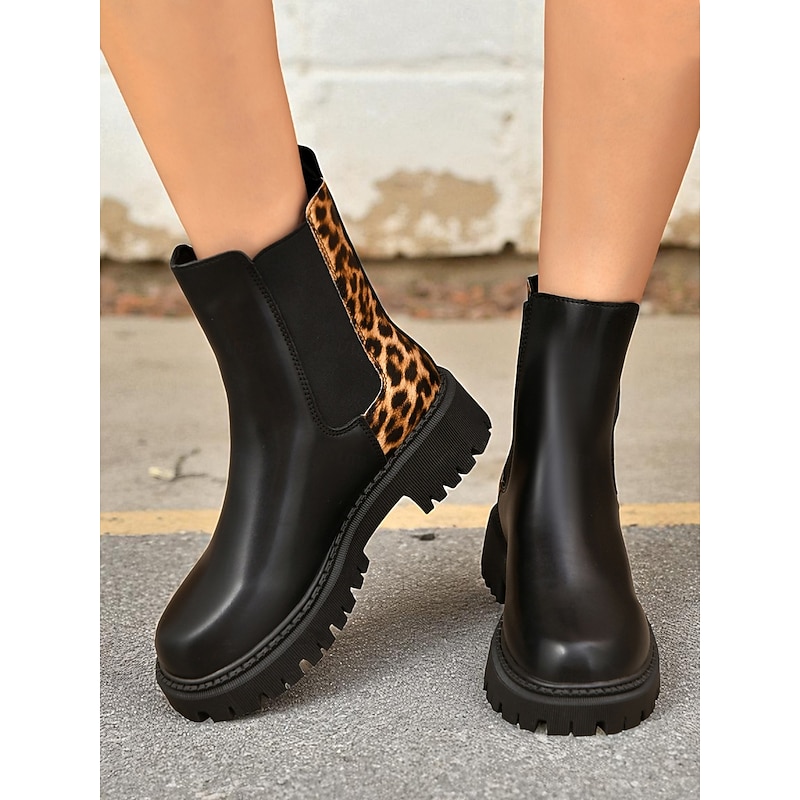 Women's Black Chelsea Boots with Leopard Print Detail – Fashion Ankle Boots for Fall Winter Casual Wear2