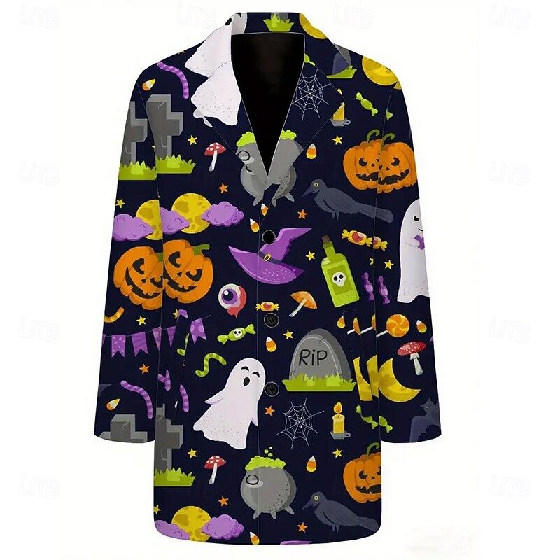 Men's Pumpkin Ghost Overcoat Coat Thermal Warm Comfortable Casual Daily Festival 3D Print Buttons Front Pocket Spring Fall Winter Notch Long Sleeve Black3