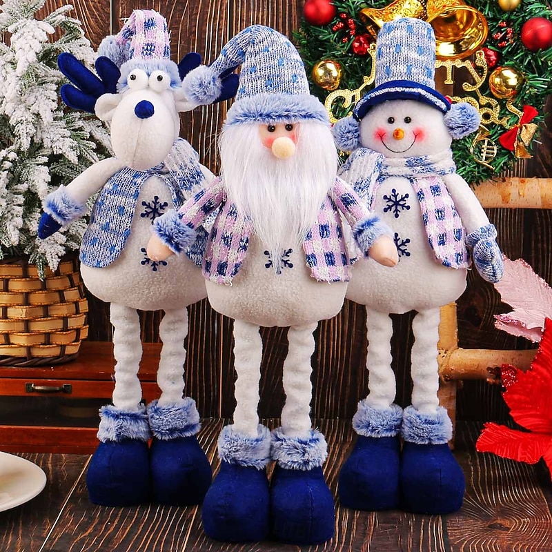 Christmas Plush Doll Decoration Blue Santa Claus, Reindeer, Christmas Tree and Snowman Decorations, Creative Plush Stretchable Dolls, Holiday Hanging Ornaments, Festive Christmas Tree Accessories