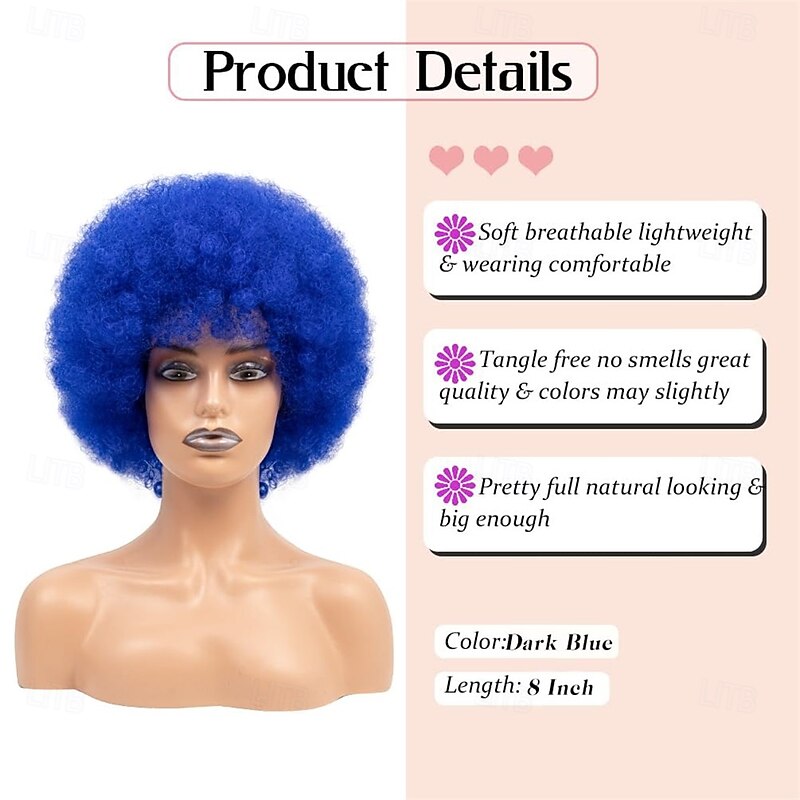 Short Afro Wigs for Black Women Big Bouncy Fluffy Afro Kinky Curly Wig Premium Synthetic Soft Natural Looking Blue Curly Afro Wig 70s2