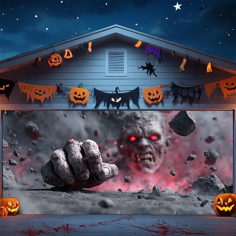 Halloween Garage Door Cover Large Hanging Backdrop Zombies 3D Dark Punk Gothic Style Party Outdoor Shooting Backgrounds Yard Haunted House Home Decor2