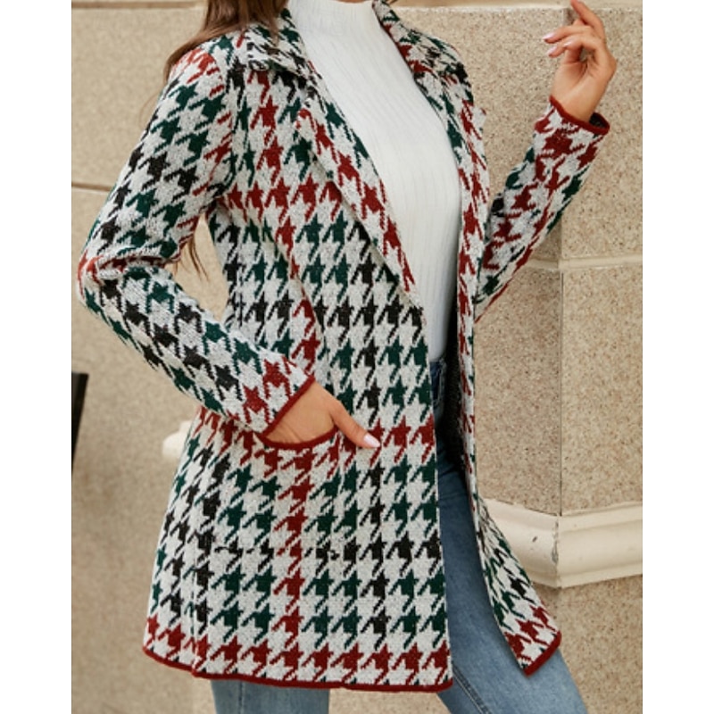 Women's Blazer Comfortable Pocket Casual Plaid Vacation Street Going out Weekend Long Turndown Regular Fit Long Sleeve Outerwear Khaki Light Grey Dark Gray Fall Winter4