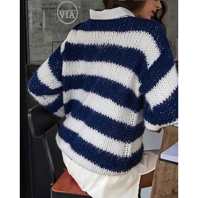 Women's Sweater Pullover Fashion Casual Striped Ribbed Crew Neck Knitted Long Sleeve Regular Tops Knit Outdoor Daily Weekend Blue Fall Winter2