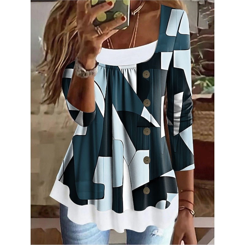 Women's T Shirt Graphic Geometric Vintage Stylish Classic Long Sleeve Square Neck Regular Tops Daily Weekend Patchwork Buttons Print Black Red Blue Green Spring Fall Winter4