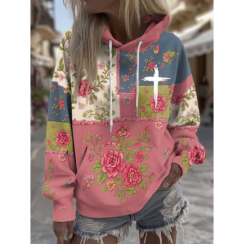 Women's Pullover Hoodie Sweatshirt Floral Graphic Casual Long Sleeve Hooded Regular Tops Party Evening Wear Street Dailywear Pink Blue Purple Green Spring Fall Winter