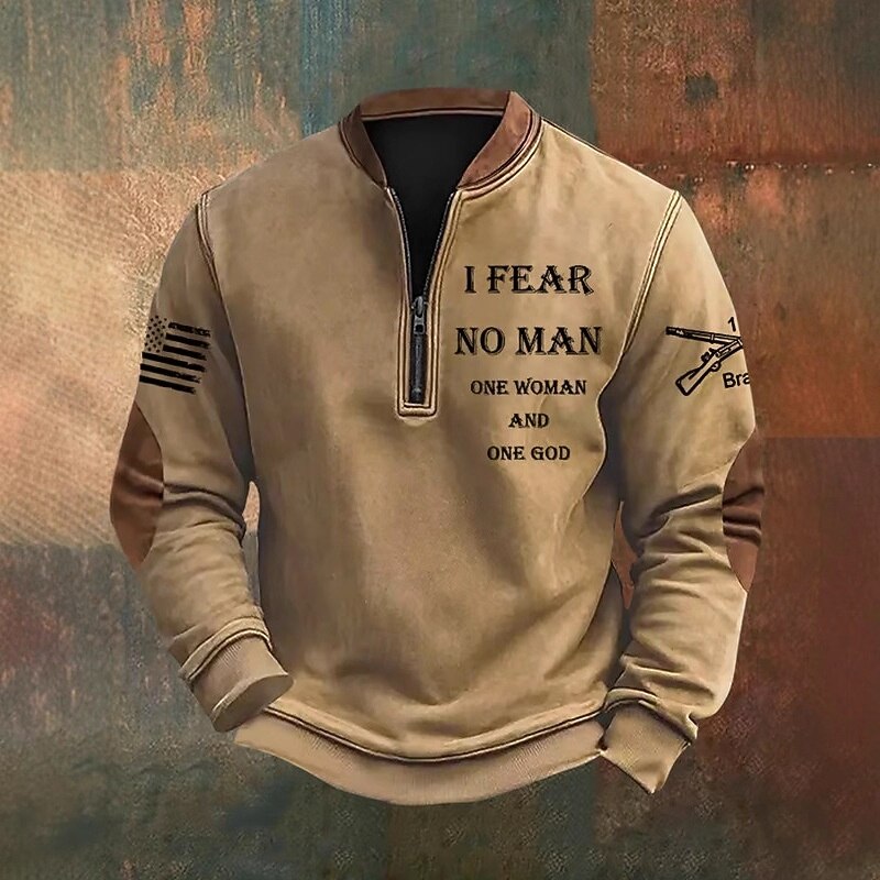 Men's Quarter Zip Sweatshirt Black White Wine Navy Blue Green Half Zip Letter American Flag Front Pocket Quarter Zip Daily Holiday Going out Polyester Vintage Retro Casual Fall Winter Clothing Apparel