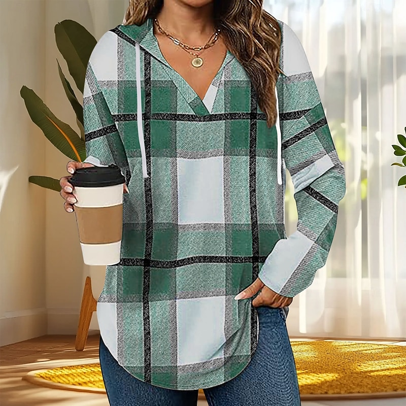 Women's Boho Shirt Blouse Plaid Stylish Retro Vintage Casual Long Sleeve V Neck Regular Tops Work Daily Holiday Drawstring Red Navy Blue Green Khaki Light Blue Spring Fall Winter4