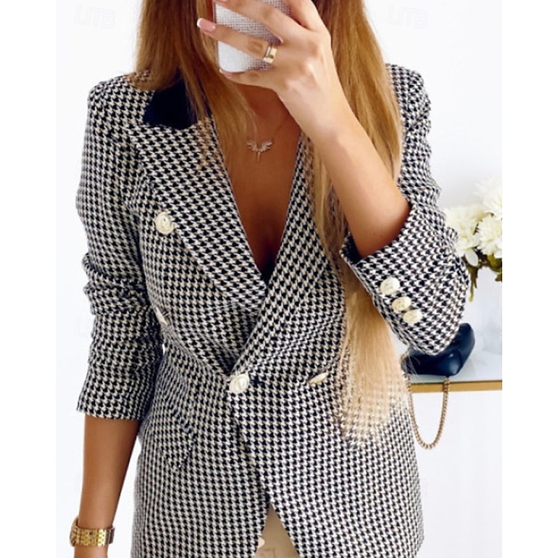 Women's Blazer Comfortable Pocket Elegant Fashion Outdoor Lattice Going out Casual Daily Weekend Double Breasted Regular Lapel Regular Fit Long Sleeve Outerwear Red Blue Dark Blue Spring Fall2