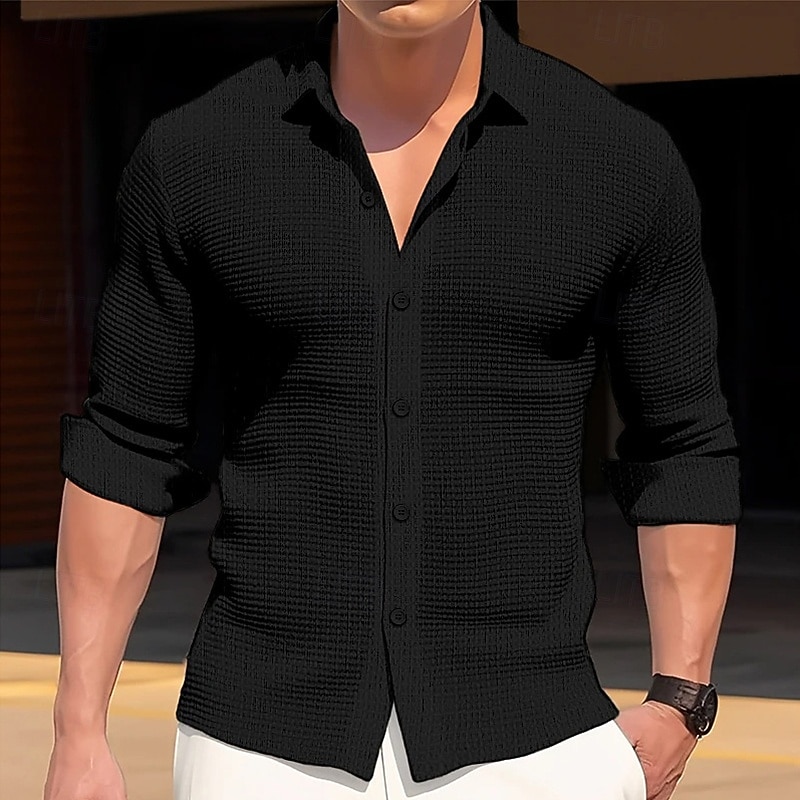 Men's Shirt Waffle Shirt Casual Shirt Button Up Shirt Black White Blue khaki Long Sleeve Plain Turndown Outdoor Party Clothing Apparel Fashion Streetwear Modern Casual3