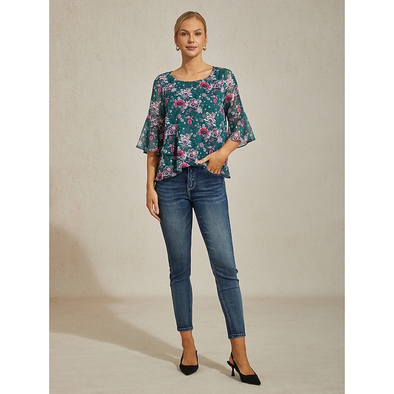 Women's Green Floral Print Sheer Flowy Chiffon Blouse Flared Sleeve4