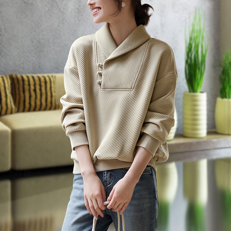 Women's Pullover Sweatshirt Plain Casual Long Sleeve V Neck Regular Tops Street Going out Patchwork Khaki Fall Winter3