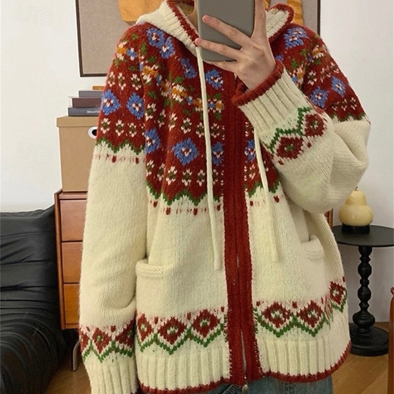 Women's Sweater Cardigan Fair Isle Sweater Fashion Casual Geometric Ribbed Hooded Zipper Knitted Print Long Sleeve Regular Tops Knit Christmas Outdoor Daily Beige Fall Winter2