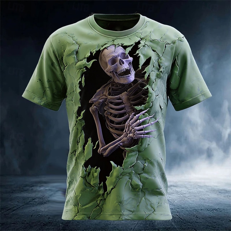 Halloween Men's Skull Optical Illusion 3D T Shirt Short Sleeve T shirt 3D Print Crew Neck Shirt Exaggerated Designer Horror Party Street Holiday Purple Green Khaki Summer Spring All Seasons Clothing