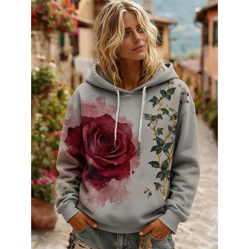Women's Pullover Hoodies Floral Fashion Streetwear Casual Long Sleeve Hooded Regular Tops Dailywear Casual Drawstring Print Green Gray Spring Fall