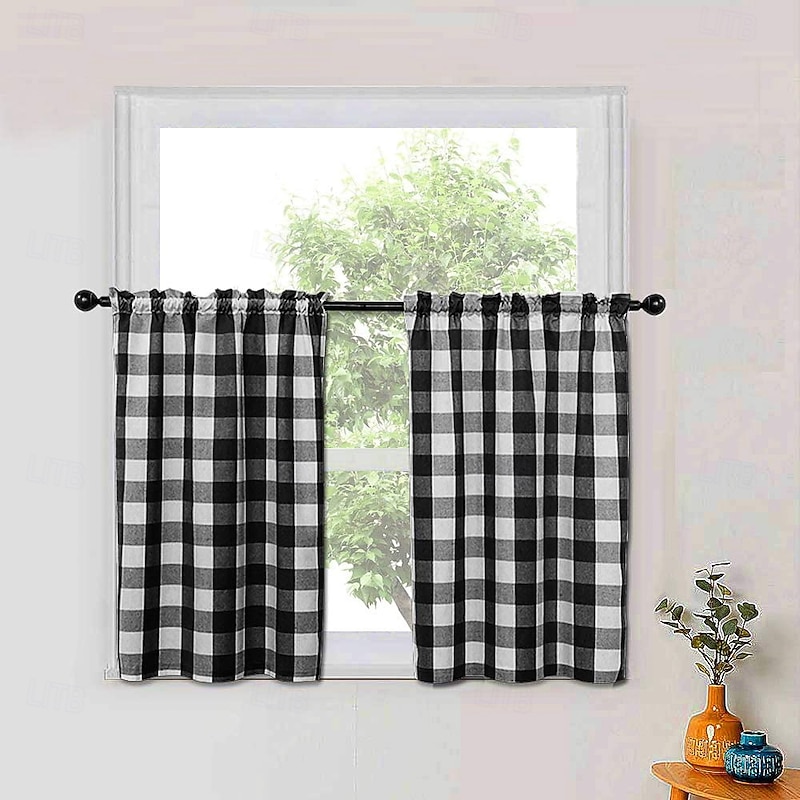 Buffalo Check Rod Pocket Valance, Kitchen and Living Room Small Window Curtain, Cafe Short Drapes, Half Window Privacy Curtain2
