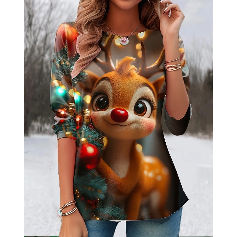 Christmas Women's T Shirt Graphic Reindeer Snowflake Vintage Stylish Classic Long Sleeve Crew Neck Regular Tops Weekend Print Wine Red Blue Dark Gray Gray Winter4
