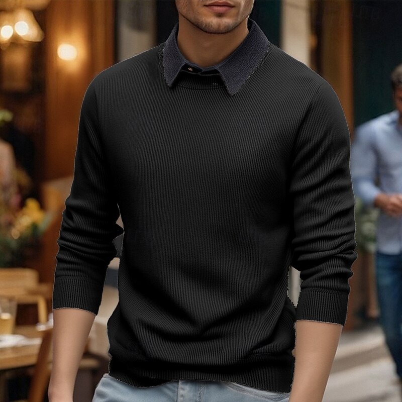 Men's Pullover Sweater Jumper Knit Sweater Ribbed Knit Regular Tops 2 in 1 Knitted Color Block Lapel Fashion Basic Vacation Daily Wear Clothing Apparel Fall Winter Black Dark Gray S M L3
