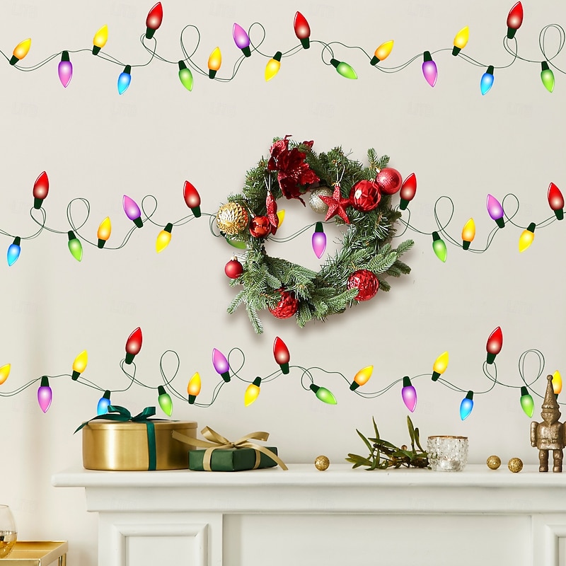 Christmas Sticker Wall Decals Holiday Atmosphere Colorful String Lights Removable Vinyl Mural Bedroom Living Room TV Background Wall Decoration Self Adhesive Home Festival Decor