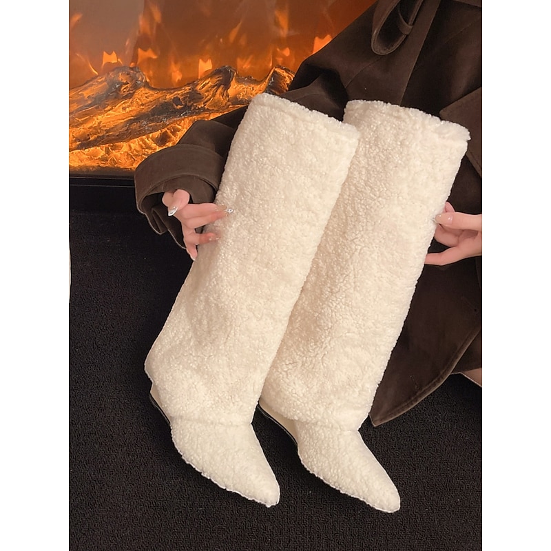 Women's White Fleece Knee High Boots Cozy Warm Winter Shoes with Pointed Toe for Casual City Outfits