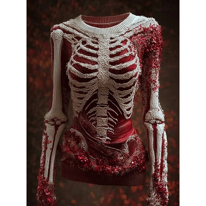 Women's Sweater Cute Streetwear Casual Graphic Skeleton Crew Neck Patchwork Knitted Long Sleeve Regular Tops Knit Halloween Black Red Fall Winter3
