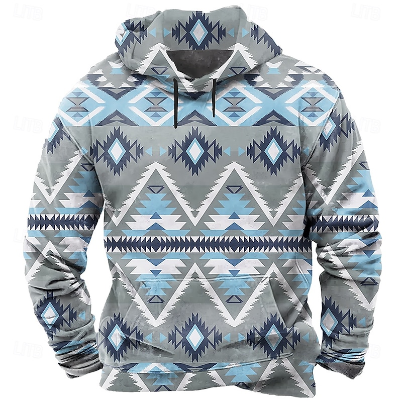 Men's Tribal Hoodie Sweatshirt Ethnic Cowboy Crew Neck Home Streetwear Blue Brown Drawstring Fall Winter Designer2