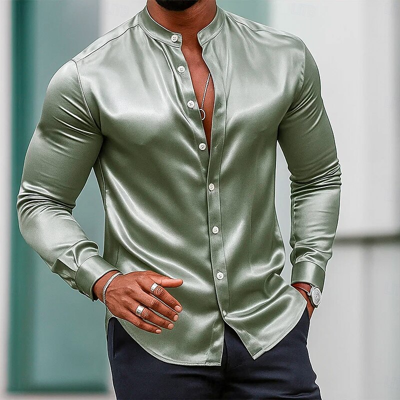 Men's Shirt Satin Shirt Dress Shirt Casual Shirt Button Up Shirt Prom Shirt Plain Formal Wedding White Wine Royal Blue Gold Long Sleeve Mandarin Collar All Seasons Clothing Apparel